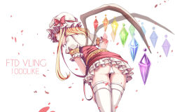 Rule 34 | 1girl, adapted costume, blonde hair, bow, crystal, flandre scarlet, frilled skirt, frilled sleeves, frills, hat, hat bow, hat ribbon, highres, leaning forward, ling (vivianling), long hair, looking at viewer, looking back, milestone celebration, mob cap, multicolored wings, one side up, panties, puffy short sleeves, puffy sleeves, red bow, red eyes, red petals, red ribbon, red skirt, red vest, ribbon, shirt, short sleeves, simple background, skirt, skirt set, solo, thighhighs, touhou, underwear, vest, white background, white hat, white panties, white shirt, white thighhighs, wings