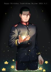 Rule 34 | 1boy, absurdres, black hair, black pants, buzz cut, character name, dated, facial hair, flower, golden kamuy, grey background, hand up, happy birthday, highres, imperial japanese army, long sleeves, looking at viewer, male focus, military, military uniform, musou 0325, pants, shadow, short hair, solo, sparkle, standing, stubble, tsukishima hajime, uniform, very short hair, wading