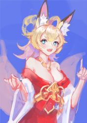Rule 34 | + +, 1girl, ahoge, animal ear fluff, animal ears, bare shoulders, blonde hair, blue background, blue eyes, blush, breasts, cleavage, crossed bangs, dress, fangs, female focus, fox ears, fox girl, fox shadow puppet, fox tail, hair rings, hands up, happy, heart, heart necklace, inaho (world flipper), jewelry, large breasts, level9kaito, light blush, looking to the side, medium hair, multiple tails, necklace, off-shoulder dress, off shoulder, open mouth, red dress, sidelocks, simple background, sketch, smile, solo, standing, tail, teeth, two tails, upper body, world flipper