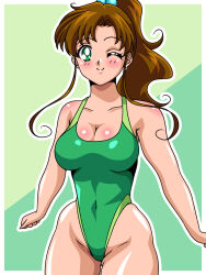 Rule 34 | 1girl, bare shoulders, bishoujo senshi sailor moon, blush, breasts, brown hair, cleavage, competition swimsuit, gluteal fold, green eyes, highleg, highleg swimsuit, highres, inabakun00, kino makoto, large breasts, long hair, one-piece swimsuit, ponytail, sleeveless, swimsuit