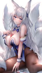 Rule 34 | 1girl, animal ear fluff, animal ears, azur lane, between breasts, blue bow, blue bowtie, blue collar, blue eyes, blue leotard, blush, bow, bowtie, breasts, brown pantyhose, collar, commentary request, covered navel, detached collar, fox ears, fox girl, hair between eyes, highleg, highleg leotard, highres, kitsune, kyuubi, large breasts, large tail, leotard, long hair, looking at viewer, mole, mole under eye, multiple tails, nontraditional playboy bunny, oyuwari, pantyhose, parted lips, playboy bunny, poker chip, shinano (azur lane), silver hair, solo, strapless, strapless leotard, tail, very long hair, white tail, wrist cuffs