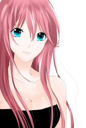 Rule 34 | 1girl, bare shoulders, blue eyes, breasts, cleavage, collarbone, female focus, hair between eyes, long hair, looking at viewer, megurine luka, neck, pink hair, pjcp, serious, simple background, solo, strapless, tube top, upper body, vocaloid, white background