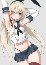 Rule 34 | 1girl, animal ears, armpits, arms behind head, arms up, bare shoulders, blonde hair, blue skirt, breasts, brown eyes, cowboy shot, crop top, crop top overhang, elbow gloves, fake animal ears, gloves, grey background, hairband, highres, kantai collection, long hair, looking at viewer, microskirt, midriff, navel, neckerchief, open mouth, pleated skirt, red thighhighs, revision, sailor collar, school uniform, serafuku, shimakaze (kancolle), shirt, simple background, skirt, sleeveless, sleeveless shirt, small breasts, solo, stomach, takanashi kei (hitsujikan), thighhighs, thighs, thong, v-shaped eyebrows, white shirt, zettai ryouiki