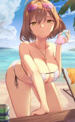 Rule 34 | 1girl, :/, ahoge, anis (nikke), anis (sparkling summer) (nikke), arm support, bare shoulders, beach, bikini, breasts, can, cleavage, eyewear on head, goddess of victory: nikke, highres, holding, jewelry, large breasts, leaning forward, light brown hair, looking at viewer, lotion, mask bikini, necklace, ocean, official alternate costume, palm tree, pink-tinted eyewear, q10u, sand, short hair, side-tie bikini bottom, sky, solo, string bikini, sunglasses, sunscreen, swimsuit, tinted eyewear, tree, white bikini, yellow eyes