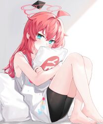 Rule 34 | 1girl, ahoge, alternate costume, bare arms, bare shoulders, barefoot, bike shorts, black shorts, blue archive, blue eyes, commentary request, hair between eyes, halo, highres, hugging object, knees up, long hair, looking at viewer, maki (blue archive), red hair, red halo, shiromoca, short shorts, shorts, sitting, sleeveless, solo, toes, yes, yes-no pillow