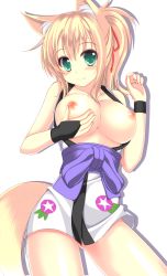Rule 34 | 10s, 1girl, animal ear fluff, animal ears, blonde hair, blush, bow, breast lift, breasts, breasts out, dog days, fox ears, fox tail, green eyes, hair ribbon, highres, japanese clothes, large breasts, looking at viewer, nipples, ponytail, ribbon, smile, sogaya, solo, tail, tareme, yukikaze panettone
