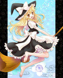Rule 34 | 1girl, apron, barefoot, black hat, black skirt, blonde hair, bloomers, border, bow, braid, broom, broom riding, floral background, frilled skirt, frills, full body, hair bow, hat, hat bow, kirisame marisa, long hair, looking at viewer, puffy short sleeves, puffy sleeves, short sleeves, simple background, skirt, smile, solo, touhou, turtleneck, underwear, vest, waist apron, white bow, witch hat, yellow eyes, yoshino run