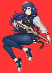 Rule 34 | 1girl, alternate costume, blue eyes, blue hair, closed mouth, contemporary, converse, denim, ebinku, falchion (fire emblem), fire emblem, fire emblem awakening, full body, highres, holding, holding weapon, jacket, jeans, long hair, looking at viewer, lucina (fire emblem), nintendo, pants, shoes, sneakers, solo, teeth, tiara, weapon