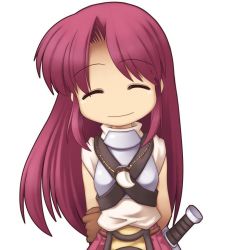 Rule 34 | 1girl, armor, chibi, closed eyes, gloves, jewelry, necklace, non-web source, novice (ragnarok online), purple hair, raglan sleeves, ragnarok online, simple background, smile, solo, sword, weapon, white background