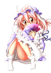 Rule 34 | 1girl, absurdres, arm ribbon, blue hair, blush, covering own mouth, hand fan, hat, highres, knees together feet apart, long sleeves, looking at viewer, meitou muku, no shoes, petticoat, red eyes, red hair, ribbon, saigyouji yuyuko, simple background, sitting, socks, solo, touhou, triangular headpiece, upskirt, veil, white background, white socks