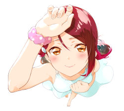 Rule 34 | 10s, 1girl, arm up, barefoot, breasts, brown eyes, dress, foreshortening, from above, half updo, hand on own chest, long hair, looking at viewer, looking up, love live!, love live! sunshine!!, parted bangs, polka dot, red hair, sakurauchi riko, scrunchie, simple background, small breasts, smile, solo, sundress, white background, white dress, wrist scrunchie, yomo tsuka