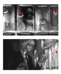 Rule 34 | 1boy, candle, chain, closed mouth, collared shirt, container, eyeball, fire, formal, greyscale, hair between eyes, head down, holding, holding lighter, hunter x hunter, jacket, jewelry, kurapika, lighter, looking to the side, male focus, matches, monochrome, multiple views, necktie, pants, red eyes, ring, shirt, shoes, short hair, sitting, spot color, standing, suit, thumb ring, umi (k mpk)
