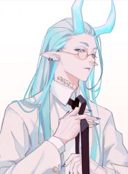 Rule 34 | 1boy, aqua hair, aqua horns, artist name, bespectacled, between fingers, black necktie, blue hair, blue nails, body writing, closed mouth, collared shirt, denpa0304, dressing, earrings, eyebrow cut, eyelashes, eyeshadow, fingernails, formal, glasses, grey lips, hair slicked back, half-closed eyes, hand up, highres, holding, horns, jacket, jewelry, long fingernails, long hair, long sleeves, looking at viewer, luo xiaohei zhanji, makeup, male focus, nail polish, necktie, pointy ears, round eyewear, shirt, sideways glance, simple background, solo, straight hair, suit, tying necktie, upper body, white background, white jacket, white shirt, xuhuai (the legend of luoxiaohei)