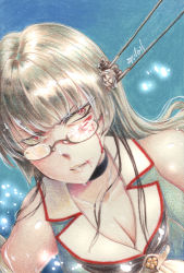 Rule 34 | 10s, 1girl, artist name, bare arms, bare shoulders, black-framed eyewear, black hair, black neckerchief, blood, blood on face, breasts, broken eyewear, brooch, choker, choukai (kancolle), cleavage, collarbone, constricted pupils, double vertical stripe, dutch angle, eyelashes, glowing, hair over shoulder, headgear, highres, jewelry, kantai collection, kikumon, light particles, lips, long hair, looking at viewer, medium breasts, millipen (medium), neckerchief, parted lips, postcard, red eyes, shirt, sleeveless, sleeveless shirt, slit pupils, solo, tesun (g noh), traditional media, watercolor pencil (medium), wide-eyed