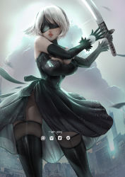 Rule 34 | 1girl, bare shoulders, black blindfold, black dress, black hairband, black skirt, blindfold, boots, breasts, building, cityscape, cleavage cutout, clothing cutout, cloud, covered eyes, dress, feather-trimmed sleeves, feather trim, gloves, hairband, high heel boots, high heels, holding, holding sword, holding weapon, katana, large breasts, leather, leather boots, long sleeves, nier (series), nier:automata, parted lips, rain wzq, short hair, silver hair, skirt, sky, skyscraper, standing, sword, thigh boots, thighhighs, thighhighs under boots, vambraces, weapon, 2b (nier:automata)