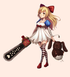 Rule 34 | 1girl, bandages, blonde hair, blush, bow, breasts, chainsaw, cleavage, dress, full body, hair bow, hair ribbon, heart, highres, long hair, mxj, parted lips, red footwear, ribbon, shoes, simple background, solo, standing, stitched, stitches, striped clothes, striped thighhighs, stuffed animal, stuffed rabbit, stuffed toy, thighhighs, third-party edit, torn clothes, torn thighhighs, yellow eyes
