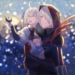 Rule 34 | 1boy, 1girl, ahoge, alternate skin color, bishounen, black coat, bow, bowtie, carrying, child, coat, eyeshadow, fate/grand order, fate (series), gloves, green eyes, hair over one eye, highres, hood, hood up, jeanne d&#039;arc (fate), jeanne d&#039;arc alter santa lily (fate), karna (fate), karna (santa) (fate), looking up, makeup, male focus, princess carry, red gloves, sad adrian, short hair, smile, snowing, tsurime, white hair