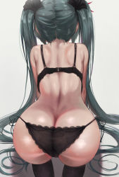 Rule 34 | 1girl, ass, black bra, black panties, black ribbon, bra, butt crack, from behind, green hair, grey background, hair ribbon, hatsune miku, highres, huge ass, lace, lace trim, long hair, panties, ribbon, see-through, side-tie panties, simple background, solo, torriet, twintails, underwear, underwear only, very long hair, vocaloid