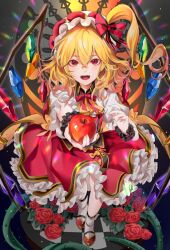 Rule 34 | 1girl, :d, apple, bow, corset, crossed bangs, crystal, dress, embellished costume, fangs, flandre scarlet, food, foreshortening, from above, fruit, full body, gold trim, hair between eyes, hair bow, hat, highres, holding, holding food, holding fruit, jihya, looking at viewer, medium hair, mob cap, one side up, open mouth, outstretched arm, red bow, red dress, red eyes, slit pupils, smile, solo, touhou, wings