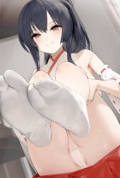 Rule 34 | 1girl, aos, bare shoulders, black hair, blush, breasts, brown eyes, detached sleeves, dutch angle, feet, feet up, foot focus, foreshortening, highres, hugging own legs, indoors, japanese clothes, knees up, large breasts, legs, long hair, looking at viewer, miko, mole, mole under eye, no shoes, on ground, original, panties, partially visible vulva, ponytail, red skirt, shiny skin, sideboob, sidelocks, sitting, skirt, sleeveless, socks, soles, solo, tabi, teeth, thighs, toes, underwear, white panties, white socks