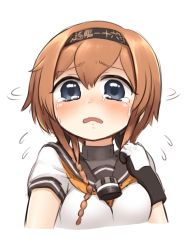 Rule 34 | 1girl, blue eyes, blush, cropped torso, crying, crying with eyes open, gloves, hachimaki, headband, highres, kantai collection, light brown hair, long hair, looking at viewer, open mouth, sailor collar, simoyuki, simple background, solo, tears, teruzuki (kancolle), upper body, white background