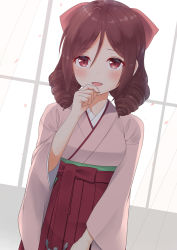 Rule 34 | 1girl, blush, bow, breasts, brown hair, curtains, drill hair, hair bow, hair ribbon, hakama, hakama skirt, hand to own mouth, harukaze (kancolle), hekomii, highres, japanese clothes, kantai collection, kimono, looking at viewer, medium breasts, meiji schoolgirl uniform, open mouth, pink kimono, red bow, red eyes, red hakama, ribbon, skirt, smile, solo, standing, twin drills, window