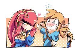 Rule 34 | 1boy, 2girls, angry, berryverrine, blonde hair, blush, colored skin, expressive hair, fins, flying sweatdrops, grin, heart, jealous, jewelry, link, mipha, monster girl, multiple girls, necklace, nervous smile, nintendo, one eye closed, pointy ears, princess zelda, red skin, saliva, shaded face, shark girl, short ponytail, smile, tail, tail wagging, the legend of zelda, the legend of zelda: breath of the wild, yellow eyes, zora
