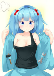 Rule 34 | 1girl, :o, puff of air, bare shoulders, black tank top, blue eyes, blue hair, blue shirt, blue skirt, blush, breasts, cleavage, collarbone, commentary request, cowboy shot, gradient background, hair bobbles, hair intakes, hair ornament, hammer, hands up, kawashiro nitori, large breasts, looking at viewer, no headwear, off shoulder, open clothes, open shirt, parted lips, rururiaru, shirt, short hair, skirt, skirt set, solo, strap slip, tank top, touhou, two side up, wrench, yellow background
