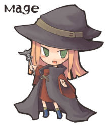 Rule 34 | 7010, cape, chibi, english text, green eyes, hat, lowres, rod, solo, white background, witch hat