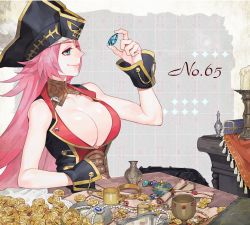 Rule 34 | 1girl, bare shoulders, black hat, blue eyes, bracelet, breasts, cleavage, detached collar, fate/grand order, fate (series), francis drake (fate), gem, gold, hat, jewelry, large breasts, long hair, looking to the side, pink hair, pink lips, pirate hat, sara (kurome1127), scar, smile, wrist cuffs