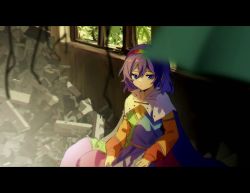 Rule 34 | 1girl, blue eyes, blue hair, cloak, closed mouth, dress, hair between eyes, hairband, highres, letterboxed, long sleeves, maisuiren, multicolored clothes, multicolored dress, multicolored hairband, patchwork clothes, rainbow gradient, short hair, solo, tenkyuu chimata, touhou, white cloak, window