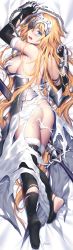 Rule 34 | 1girl, armor, armored dress, arms up, ass, back, bad id, bad twitter id, bed sheet, black thighhighs, blonde hair, blue eyes, blush, breastplate, breasts, broken armor, chain, dakimakura (medium), fate/apocrypha, fate (series), full body, headpiece, highres, jeanne d&#039;arc (fate), jeanne d&#039;arc (ruler) (fate), jeanne d&#039;arc (third ascension) (fate), kousaki rui, long braid, long hair, looking at viewer, looking back, lying, navel, open mouth, solo, sword, thighhighs, torn clothes, weapon