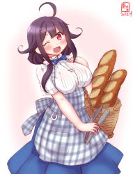 Rule 34 | 1girl, ahoge, alternate costume, apron, artist logo, baguette, basket, blouse, blue bow, blue bowtie, blue skirt, bow, bowtie, bread, commentary request, dated, food, gingham apron, hair flaps, highres, kanon (kurogane knights), kantai collection, kobeya, kobeya uniform, long hair, long skirt, looking at viewer, low twintails, one eye closed, open mouth, plaid, plaid apron, purple hair, red eyes, shirt, simple background, skirt, smile, solo, taigei (kancolle), tongs, twintails, waitress, white background, white shirt