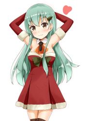 Rule 34 | 10s, 1girl, aikawa ryou, armpits, arms behind head, arms up, ascot, bare shoulders, black thighhighs, blush, bow, brown eyes, christmas tree hair ornament, closed mouth, commentary request, cowboy shot, detached collar, dress, elbow gloves, gloves, green bow, green hair, hair ornament, hairclip, heart, highres, kantai collection, long hair, orange ascot, red dress, red gloves, shiny skin, smile, solo, standing, strapless, strapless dress, suzuya (kancolle), thighhighs, wing collar, zettai ryouiki