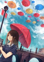 Rule 34 | 1girl, akira (mr akira), brown hair, day, long hair, original, parasol, rain, sky, smile, solo, umbrella