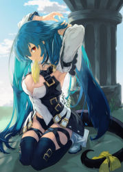 Rule 34 | 1girl, armpits, belt, black panties, black thighhighs, breasts, choker, cleavage, cloud, detached sleeves, dizzy (guilty gear), guilty gear, guilty gear xrd, hair between eyes, hair down, hand in own hair, kneeling, large breasts, long hair, midriff, multiple belts, navel, online neet, panties, pillar, red eyes, ribbon, seiza, shaded face, shirt, sitting, solo, tail, tail ornament, tail ribbon, thighhighs, underwear, white shirt, yellow ribbon