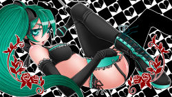Rule 34 | 1girl, body blush, boots, bra, checkered background, cross-laced footwear, detached sleeves, earrings, frilled bra, frills, garter belt, green eyes, green hair, hatsune miku, heart, highres, jewelry, lace-up boots, lingerie, long hair, matching hair/eyes, microphone, panties, ranchuu, ranchuu (akamusume), side-tie panties, solo, thighhighs, twintails, underwear, underwear only, vocaloid