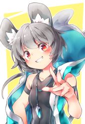 Rule 34 | 1girl, alternate costume, animal ears, arm at side, armband, bare shoulders, collarbone, commentary request, competition swimsuit, drawstring, grey hair, grin, hand up, head tilt, highres, hood, hood down, hoodie, jewelry, kibayashi kimori, looking at viewer, mouse ears, nazrin, one-piece swimsuit, open clothes, open hoodie, painting (medium), pendant, red eyes, short hair, sleeveless, sleeveless hoodie, smile, solo, swept bangs, swimsuit, swimsuit under clothes, touhou, traditional media, upper body, v-shaped eyebrows, watercolor (medium)