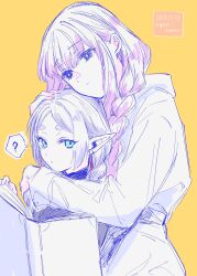 Rule 34 | 2girls, ?, blue eyes, book, braid, closed mouth, commentary request, dated, earrings, expressionless, fern (sousou no frieren), frieren, height difference, highres, holding, holding book, hug, hug from behind, jewelry, long hair, looking at viewer, multiple girls, pointy ears, purple hair, simple background, sousou no frieren, spoken question mark, twitter username, yellow background, yuri kyanon