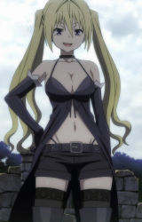 Rule 34 | 10s, 1girl, blonde hair, boots, breasts, cleavage, elbow gloves, fishnet thighhighs, fishnets, gloves, highres, large breasts, lieselotte sherlock, long hair, purple eyes, screencap, solo, thigh boots, thighhighs, trinity seven, twintails