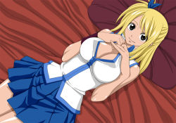Rule 34 | 1girl, bed, blonde hair, breasts, brown eyes, cleavage, curvy, fairy tail, female focus, large breasts, long hair, lucy heartfilia, lying, nel-zel formula, skirt, smile, solo