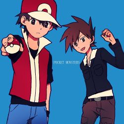 Rule 34 | 00s, 2boys, baseball cap, belt, black hair, blue background, blue oak, brown eyes, brown hair, copyright name, creatures (company), expressionless, game freak, hand in pocket, hat, holding, holding poke ball, jacket, jewelry, lowres, male focus, multiple boys, necklace, nintendo, ochappa, pants, poke ball, pokemon, pokemon hgss, red (pokemon), simple background, smile, wristband