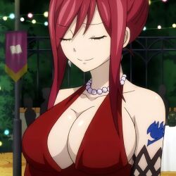 Rule 34 | breasts, cleavage, closed eyes, earrings, erza scarlet, fairy tail, huge breasts, jewelry, large breasts, necklace, plunging neckline, red hair, smile, tattoo