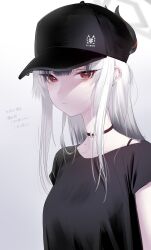 Rule 34 | 1girl, absurdres, alternate costume, alternate hairstyle, baseball cap, black choker, black hat, black horns, black shirt, blue archive, casual, choker, closed mouth, commentary, demon horns, expressionless, gradient background, grey background, halo, hat, highres, horns, kayoko (blue archive), long hair, looking at viewer, mole, multicolored hair, red eyes, s2j00, shirt, short sleeves, simple background, solo, streaked hair, symbol-only commentary, translation request, upper body, white hair, wireless earphones