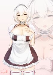 Rule 34 | 1girl, :d, anchor symbol, apron, azur lane, braid, breasts, chain, choker, cleavage, clothes lift, collar, collarbone, hair between eyes, hand on own chest, highres, large breasts, lifted by self, line4x, long hair, looking at viewer, maid, maid apron, maid headdress, multiple views, open mouth, purple eyes, red eyes, short hair, sidelocks, single braid, sirius (azur lane), skirt, skirt lift, smile, thighhighs, white background, white hair, zettai ryouiki, zoom layer