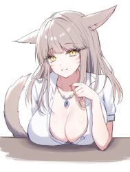 Rule 34 | 1girl, animal ears, breast press, breasts, cat ears, cat girl, cat tail, cleavage, collared shirt, commentary, facial mark, final fantasy, final fantasy xiv, highres, jewelry, large breasts, light brown hair, long hair, looking at viewer, miqo&#039;te, necklace, partially unbuttoned, sana (sanamaru 0w0), shirt, short sleeves, simple background, smile, solo, tail, warrior of light (ff14), whisker markings, white background, white shirt, yellow eyes