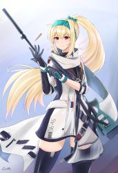 Rule 34 | 1girl, blonde hair, bolt action, bullet, gamryous, girls&#039; frontline, glove pull, gloves, green hairband, gun, gun on back, hairband, highres, long hair, looking at viewer, ponytail, red eyes, rifle, russian flag, scarf, simple background, smile, sniper rifle, solo, sv-98, sv-98 (girls&#039; frontline), sv-98 (mod3) (girls&#039; frontline), thighhighs, turtleneck, weapon, weapon on back, white scarf, white uniform