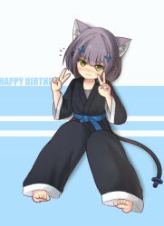 Rule 34 | 1girl, animal ear fluff, animal ears, barefoot, belt, black pants, blue background, blue belt, blush, cat ears, cat girl, cat tail, chinese commentary, closed mouth, commentary request, double v, dougi, flying sweatdrops, full body, green eyes, highres, karate, kuma-bound, looking at viewer, martial arts belt, medium hair, original, pants, purple hair, simple background, soles, solo, tail, toes, two-tone background, v, white background