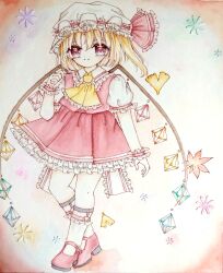 Rule 34 | 1girl, absurdres, ascot, back bow, blonde hair, bow, brown background, closed eyes, crystal, flandre scarlet, frilled ascot, frilled bow, frilled headwear, frilled ribbon, frilled shirt collar, frilled skirt, frilled sleeves, frilled socks, frills, full body, gradient background, hat, hat bow, highres, light smile, looking at another, mary janes, medium hair, mob cap, multicolored wings, one side up, painting (medium), puffy short sleeves, puffy sleeves, red bow, red eyes, red footwear, red ribbon, red skirt, red vest, ribbon, ribbon-trimmed headwear, ribbon trim, shirt, shoes, short sleeves, simple background, skirt, sleeve ribbon, socks, solo, standing, too many, too many frills, touhou, traditional media, unknown m g, vest, watercolor (medium), white hat, white shirt, white socks, wings, wrist cuffs, yellow ascot