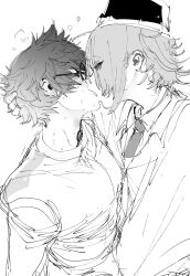 Rule 34 | 2boys, blush, collared shirt, eye visible through hair, french kiss, furrowed brow, glasses, greyscale, hair over one eye, half-closed eyes, hand on another&#039;s head, hat, heart, highres, kiss, long sleeves, male focus, master detective archives: rain code, messy hair, monochrome, multiple boys, na 6, necktie, pectorals, shirt, short hair, sketch, sweat, tongue, tongue out, upper body, yaoi, yomi hellsmile, zilch alexander